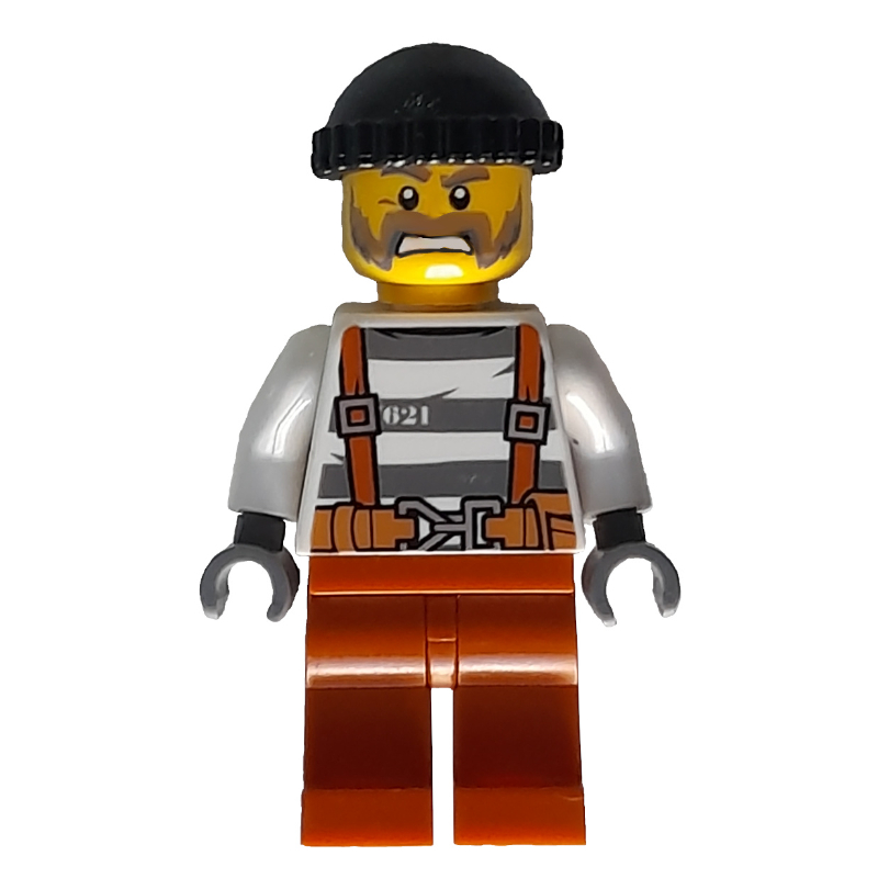 Lego Criminal, Prison Shirt with Suspenders and Belt, Black Hat, Beard