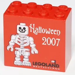 Brick 2 x 4 x 3 with 'LEGOLAND Deutschland Halloween 2007', Skeleton Minifig Print / Red