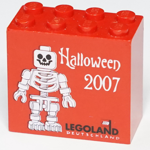 Lego Brick 2 x 4 x 3 with 'LEGOLAND Deutschland Halloween 2007', Skeleton Minifig Print / Red