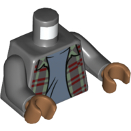 Lego Torso Shirt, Sand Green and Dark Red Plaid, Open over Sand Blue Undershirt Print, Dark Bluish Gray Arms, Medium Nougat Hands / Dark Bluish Gray