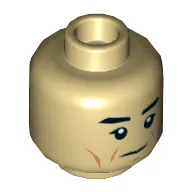 Minifig Head Commander Sato, Dual Sided, Eyebrows, Cheeklines, Neutral, Raised Eyebrow Scowl, Teeth Print [Hollow Stud] / Tan