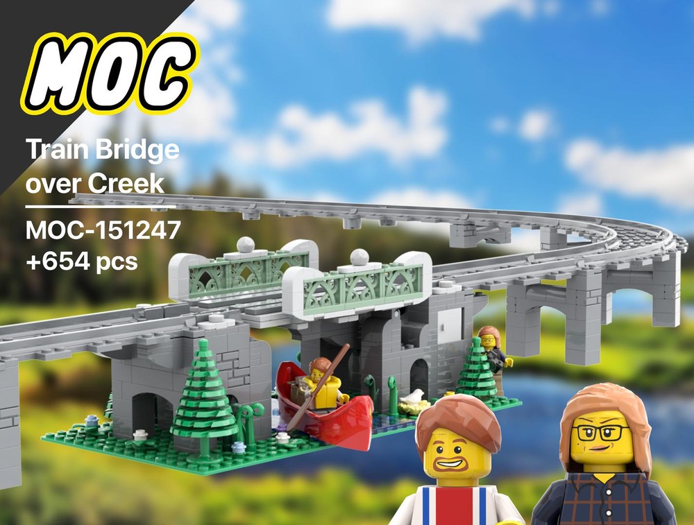 Lego Train Bridge over Creek - Drawbridge with ramp, incline for your track | Canoe | Iron Bridge | Nature