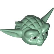 Minifig Head Special, Yoda Straight Ears with Large Eyes and White Hair Print / Sand Green