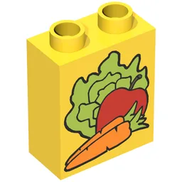 Duplo Brick 1 x 2 x 2 with Carrot, Apple, and Lettuce Print / Yellow