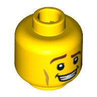 Lego Minifig Head Heroic Knight, Brown Eyebrows, Raised Right Eyebrow, Cheek Lines, Open Mouth Smile with Teeth Print / Yellow