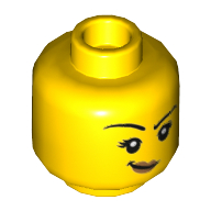 Lego Minifig Head, Eyebrows, Medium Nougat Lips, Smirk with Raised Right Eyebrow / Licking Lips Print / Yellow