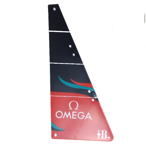 Lego Sail, Triangular, Black with 'OMEGA', 37th America's Cup Barcelona Logo and Red and Dark Turquoise Waves Print