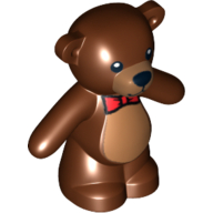 Lego Animal, Bear / Teddy, Arms Down with Black Eyes, Nose, Mouth and Red Bow Tie Print / Reddish Brown