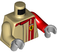 Lego Torso Speed Champions with Ferrari Logo on Front and Back Pattern / Red Arm Left  / Tan Arm Right / Light Bluish Gray Hands