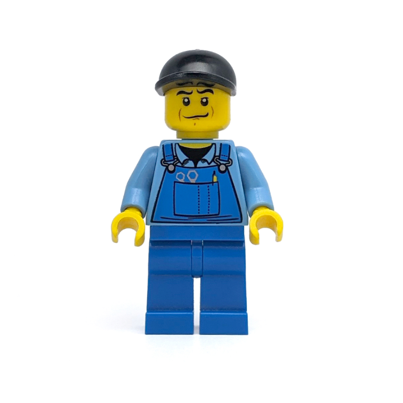 Lego Man, Blue Overalls over Shirt, Blue Legs, Black Cap