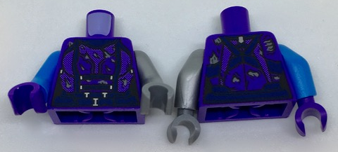 Lego Torso Female Damaged Armor, Dark Blue Belt Pattern / Flat Silver Arm Left / Dark Azure Arm Right / Dark Purple Hand Right / Dark Bluish Gray Hand Left