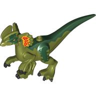 Lego Animal Body Part, Dinosaur, Dilophosaurus Body (No Lower Jaw) with Dark Green Back, Yellow Eyes, Yellow/Red Ears / Olive Green