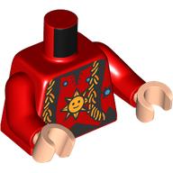 Lego Torso, Black Trim, Ruffles, Yellow Sun print, Red Arms, Light Nougat Hands / Red