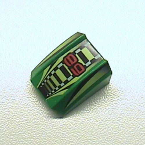 Lego Brick Curved 2 x 2 with Lip, No Studs with '89', Lime/Black/White Stripes Print / Green