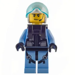 Policeman, Black Vest with Badge and Pouches over Bright Light Blue Shirt, White Helmet with Visor, Neck Bracket, Headset