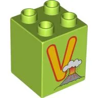 Duplo Brick 2 x 2 x 2 with 'V' and Volcano Print / Lime
