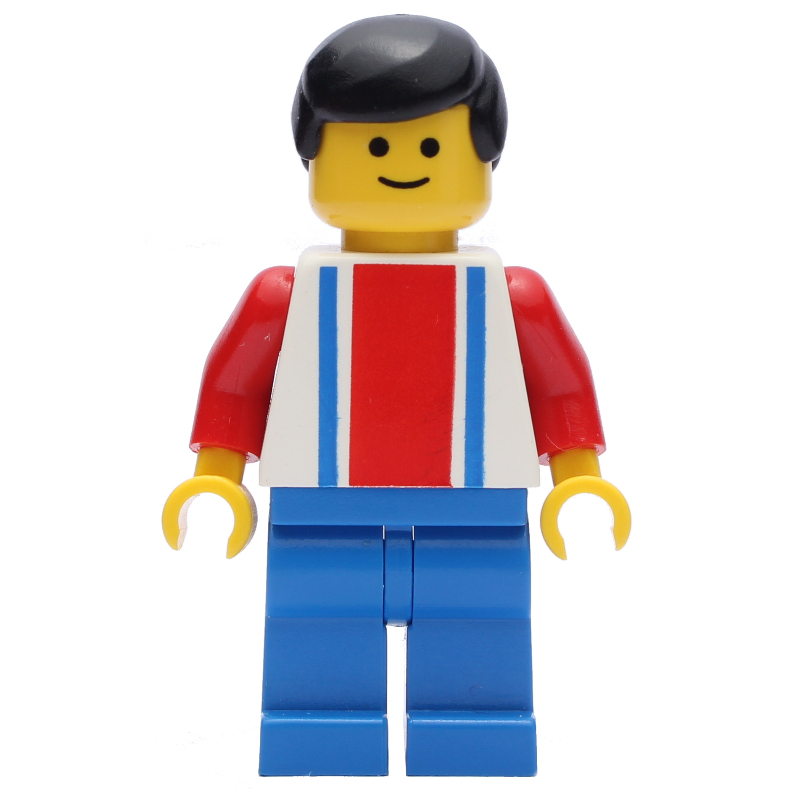 Lego Soccer Player White Torso with Blue/Red Stripes, Blue Legs, Black Hair