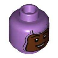 Minifig Head Izzy Hawthorne, Balaclava with Reddish Brown Face, Open Mouth Smile Print / Medium Lavender