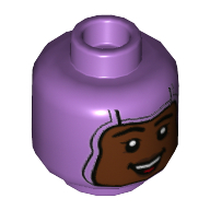 Lego Minifig Head Izzy Hawthorne, Balaclava with Reddish Brown Face, Open Mouth Smile print / Medium Lavender
