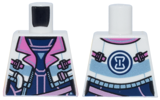Lego Torso Female Cropped Jacket Open with Zipper, Dark Pink Lapels and Buckles over Dark Blue and Metallic Pink Top, Hourglass on Back Pattern