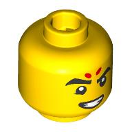 Lego Minifig Head Nezha, 2 Red Dots on Forehead, Eyebrows, Smirk / Angry Print / Yellow