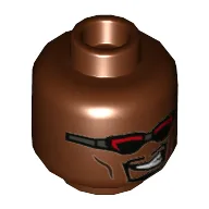 Minifig Head Blade, Red Glasses, Smirk with Teeth Print / Reddish Brown