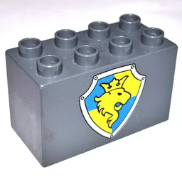 Duplo Brick 2 x 4 x 2 with Lion and Crown on Yellow and Blue Shield Print / Dark Bluish Gray