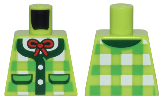 Lego Torso Bright Green and White Plaid Vest with Dark Green Pockets and Trim, White Buttons and Shirt, and Red Bow Pattern