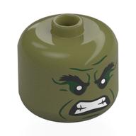 Lego BigFig Head Hulk, Thick Black Eyebrows, Dark Green Eyeshadow, Angry, Teeth Print / Olive Green