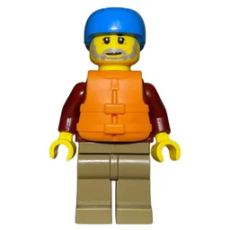Man, Open Dark Red Jacket, Dark Tan Legs, Dark Azure Helmet, Orange Life Vest, Beard