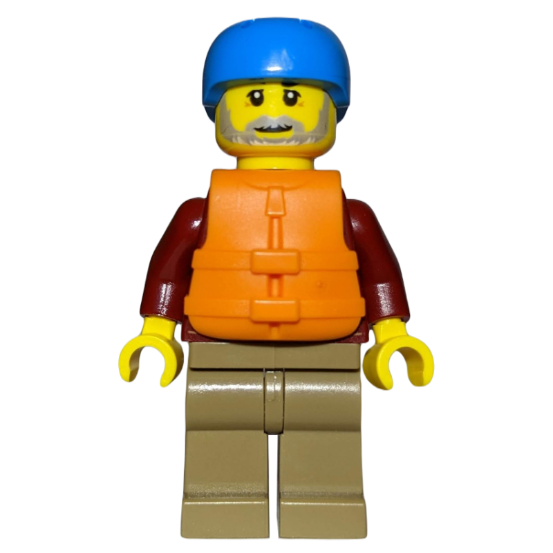 Lego Man, Open Dark Red Jacket, Dark Tan Legs, Dark Azure Helmet, Orange Life Vest, Beard