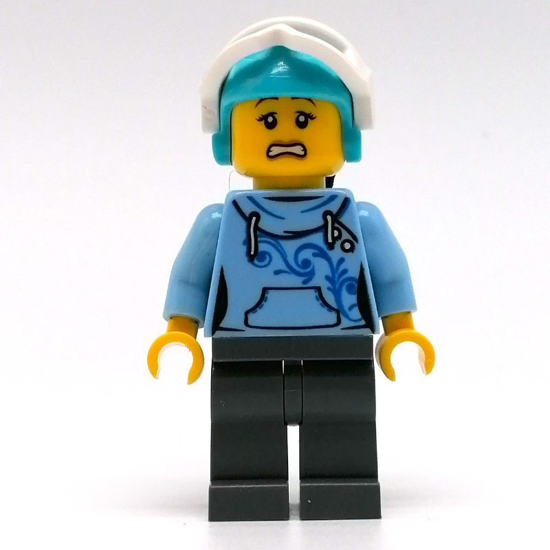 Lego Woman, Bright Light Blue Hoodie, Dark Bluish Gray Legs, Medium Azure Helmet with Hair and Snow Goggles