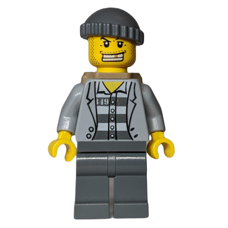 Lego Criminal, Open Light Bluish Gray Jacket over Prison Shirt, Dark Bluish Gray Hat, Dark Tan Backpack, Gold Tooth