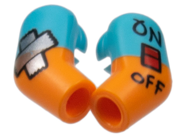Lego Arm, (Matching Left and Right) Pair with Medium Azure Short Sleeves, Silver Tape, 'ON/OFF' Switch Pattern