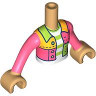 Lego Minidoll Torso Girl with Coral/Bright Light Orange/Lime Patched Jacket, Lime/White Stripes Shirt print, Warm Tan Arms and Hands / Warm Tan