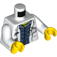 Lego Torso Lab Coat with Pockets and ID Badge over Plaid Shirt and Lime Top / 'AC RESEARCH' on Back Print, White Arms, Yellow Hands / White