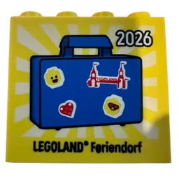 Brick 2 x 4 x 3 with '2026 LEGOLAND Feriendorf', Blue Suitcase Print / Yellow