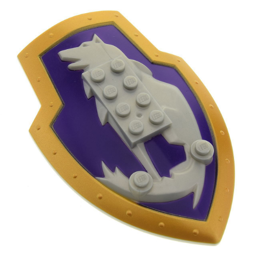 Lego Large Figure Shield, 2 x 4 Brick Relief, Danju Wolf with Dark Purple and Gold Print / Pearl Light Gray