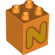 Lego Duplo Brick 2 x 2 x 2 with Bright Light Orange 'N' Print / Orange