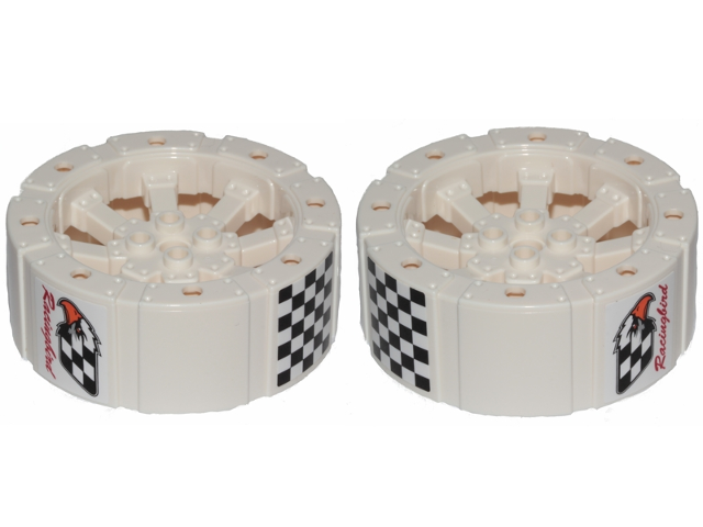 Lego Wheel Wagon Viking with 12 Holes (55mm D.) with Black and White Checkered Pattern on Top, Eagle Head and 'Racingbird' on Sides (Stickers) - Set 31094