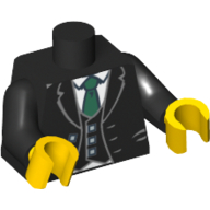 Lego Torso Jacket and Vest with Buttons and White Shirt and Green Tie Print, Black Arms, Yellow Hands / Black