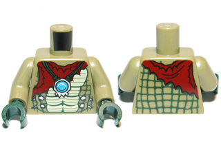 Lego Torso Chima Crocodile Skin with Dark Red Tattered Cloth and Necklace with Dark Azure Round Jewel (Chi) Pattern / Olive Green Arms / Dark Green Hands