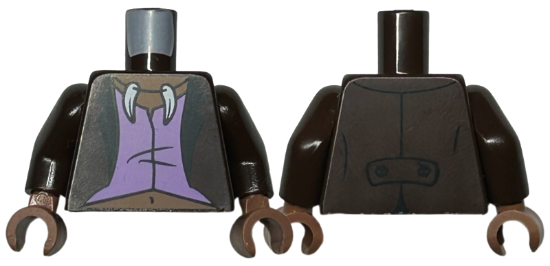 Lego Torso Jacket Open with Black Lapels over Medium Lavender Vest, White Animal Tooth / Claw Necklace, Medium Brown Neck and Stomach Pattern / Dark Brown Arms / Medium Brown Hands