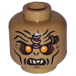 Minifig Head Hobbit Orc, Orange Eyes Print [Blocked Open Stud] / Dark Tan