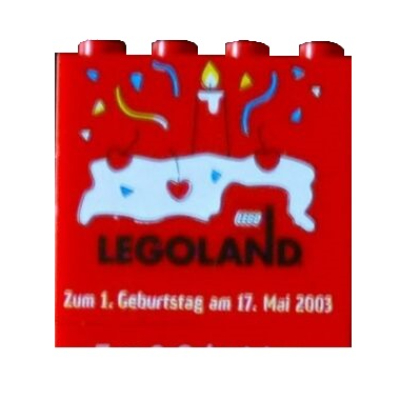 Lego Brick 2 x 4 x 3 with 'LEGOLAND' 'Zum 1. Geburtstag am 17. Mai 2003' Print / Red