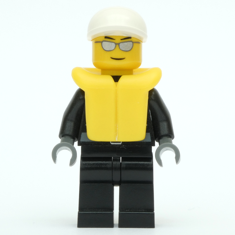 Lego Policeman, Black Jacket with Zipper, Radio, and Badge, White Cap, Yellow Life Vest, Silver Sunglasses