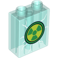 Lego Duplo Brick 1 x 2 x 2 with Nuclear Warning Sign on Broken Glass print / Trans-Light Blue