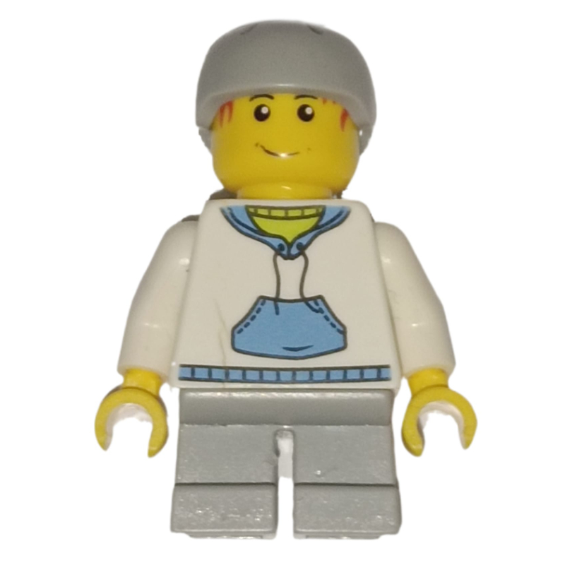 Lego Boy, White and Blue Hoodie, Short Light Bluish Gray Legs, Light Bluish Gray Helmet