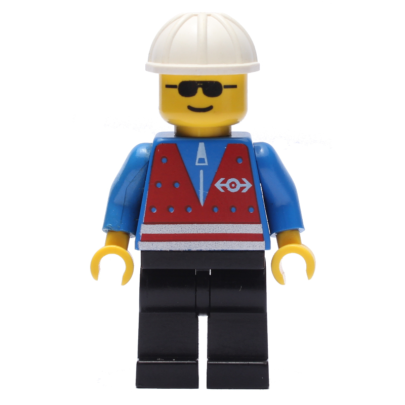 Lego Train Worker - Red Vest, Black Legs, White Helmet, Sunglasses
