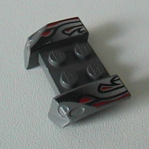 Lego Mudguard 2 x 4 with Molded Headlights and Silver/Red/Black Flame Curves Print / Dark Bluish Gray
